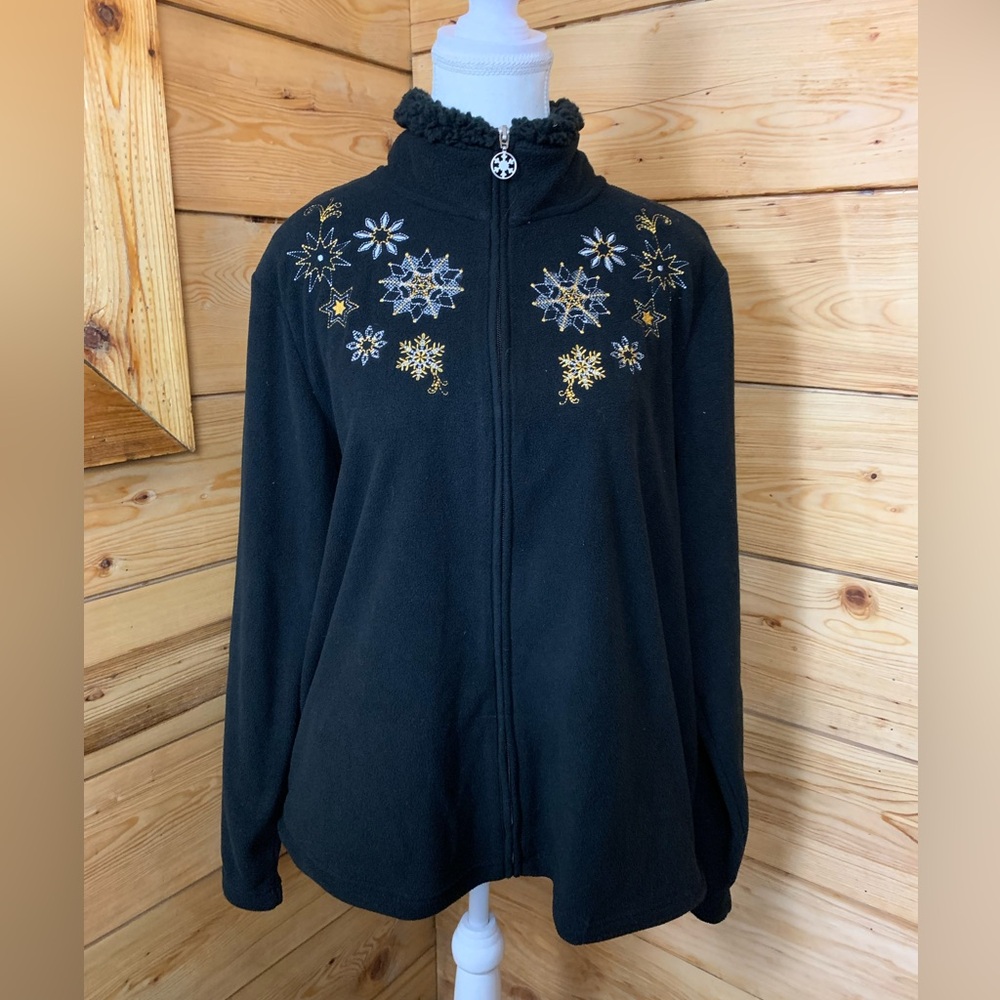 Snowflake Embroidered Black Teddy Sherpa Fleece Jacket Women XL